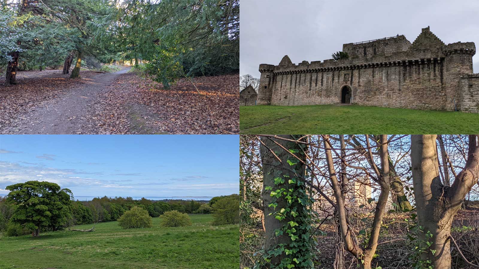 Four photos of Craigmillar Castle Park including the castle