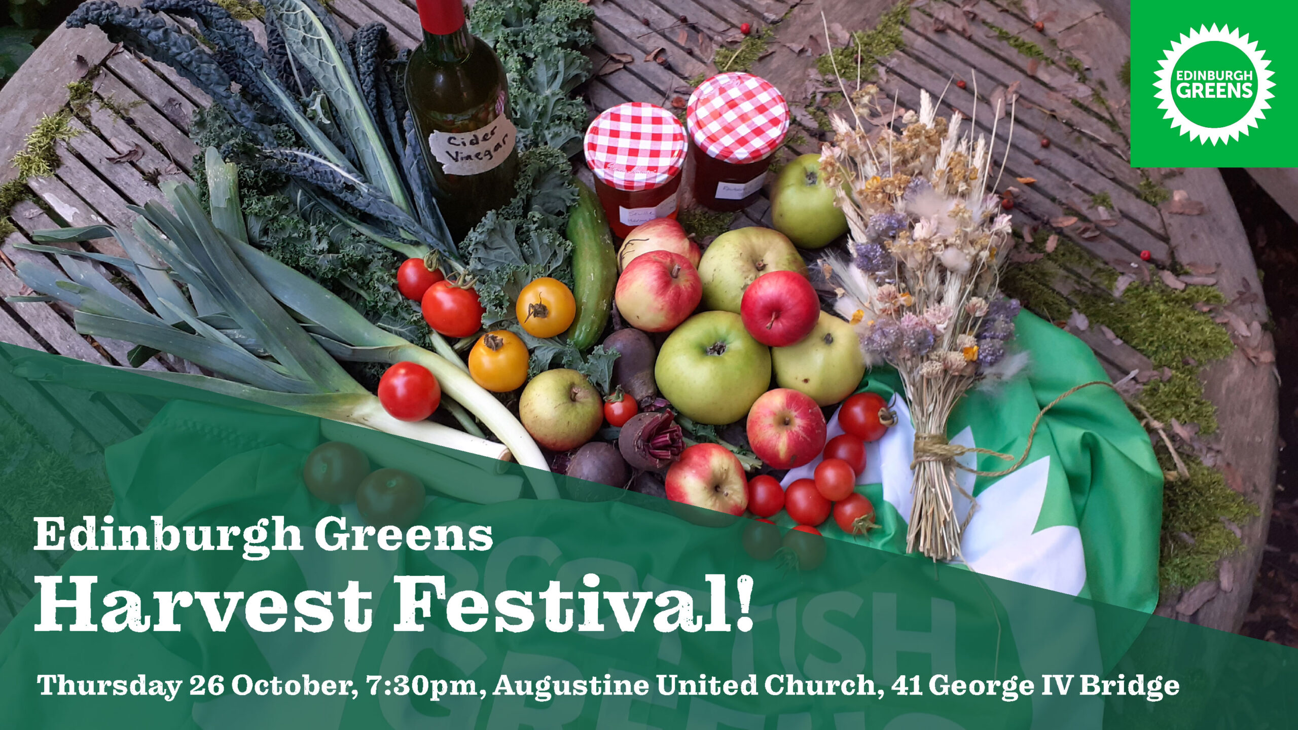 Event graphic with produce on a table